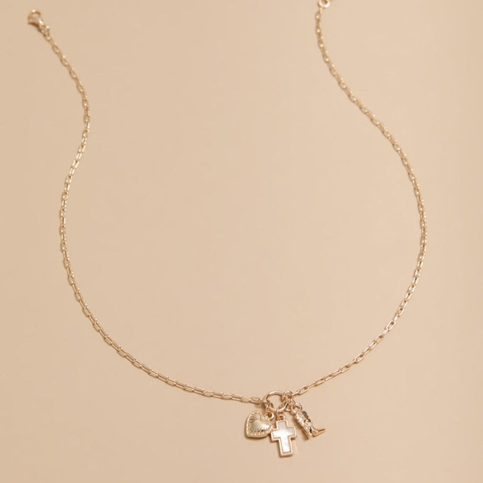 Cross, Boot And Heart Charm Pendant Necklace